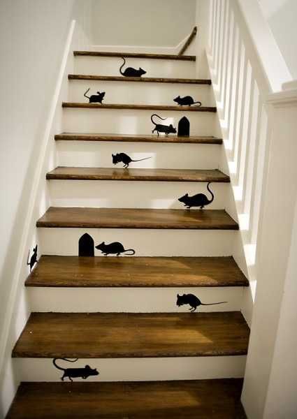 escalier contre marche peint en blanc avec petites souris noires